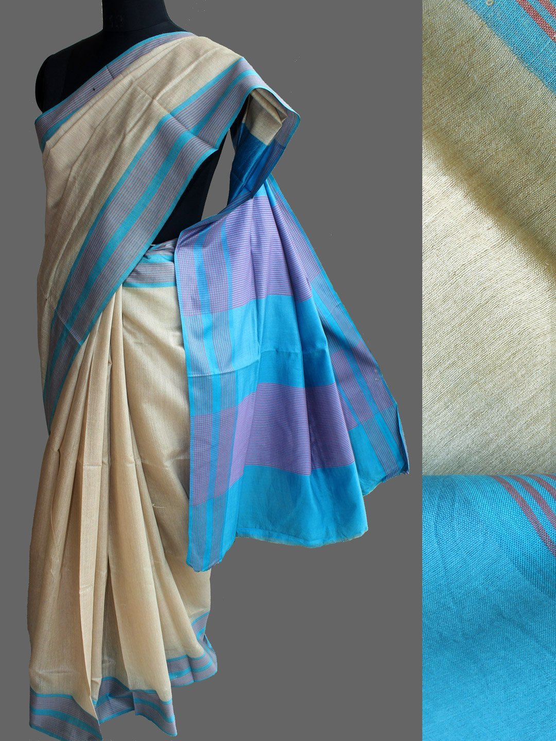 Platinum-grey-muga-tussar-silk-sari-.jpg Beige and blue Muga-tussar silk Sari - Image 1