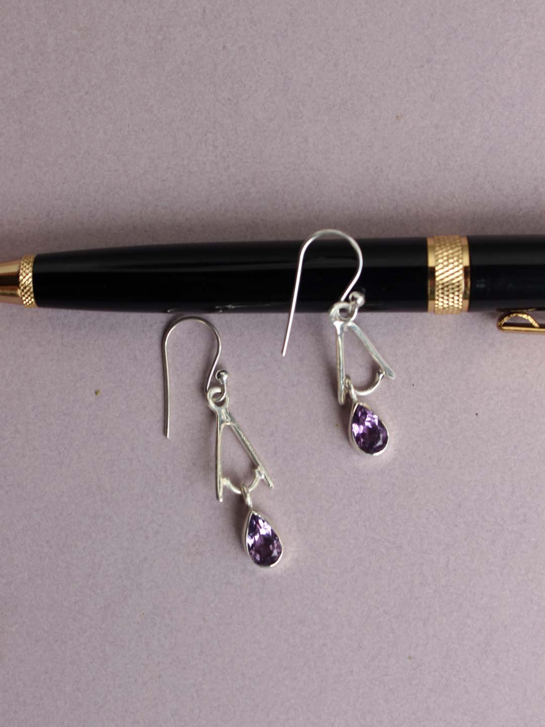 Purple-stone-triangular-silver-earrings.jpg Purple stone, small, real silver Earrings - Image 1