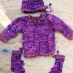 Purple Handknit Woolen Cardigan, Cap and Socks Set