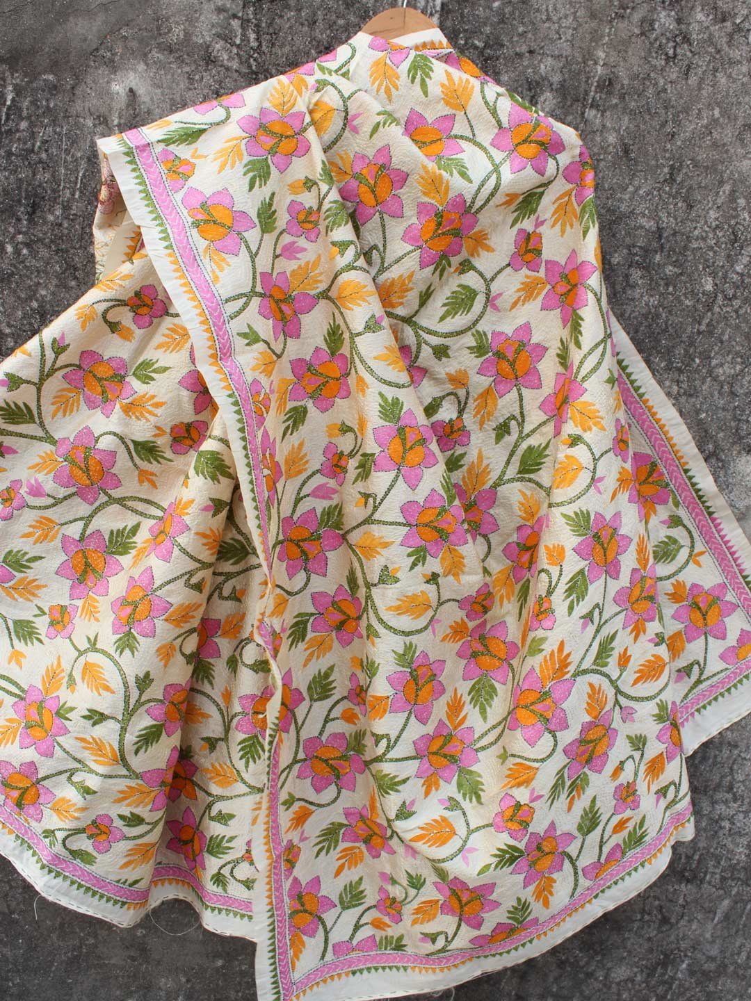 Purple-yellow-flower-Kanthawork-Tussar-silk-dupatta.jpg Yellow and Purple Flowers Nakshi Kantha Tassar Dupatta - Image 1