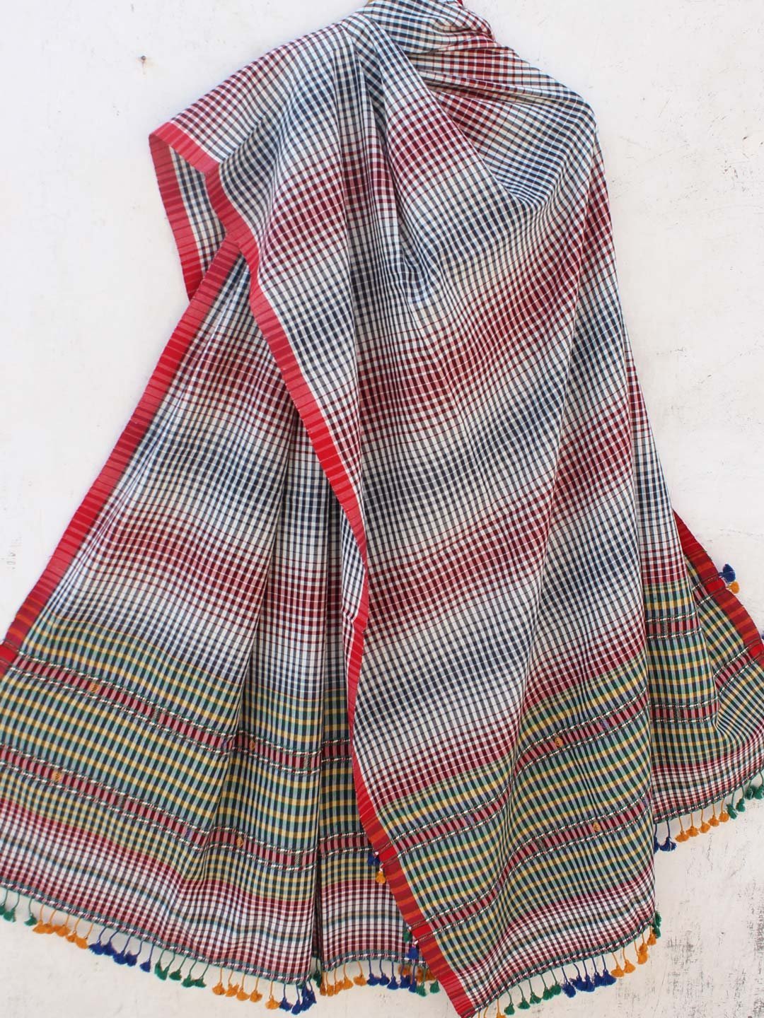 Red-Black-and-white-stripes-bhujodi-cotton-dupatta.jpg Red, black, white stripes Bhujodi cotton Dupatta - Image 1