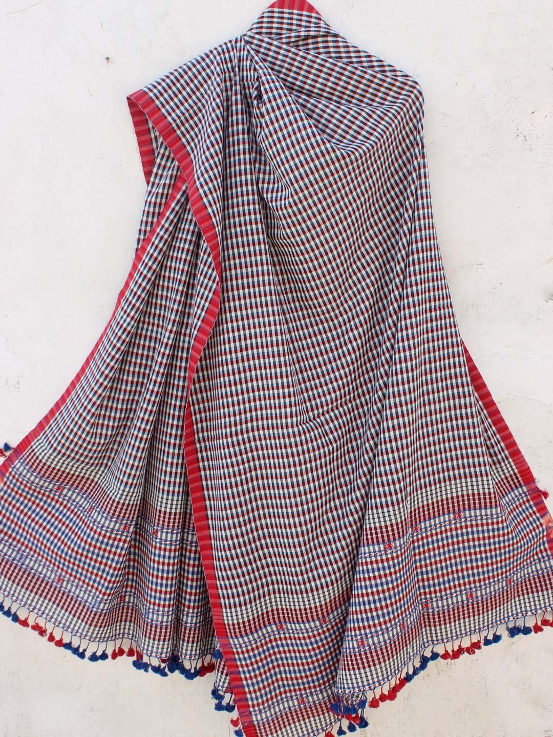 Red-Blue-and-white-chequered-bhujodi-cotton-dupatta.jpg Red, Blue, White Checked Bhujodi cotton Dupatta - Image 1