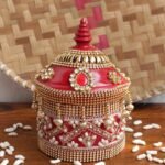 Red Crystal and beads small wooden Sindur-Box