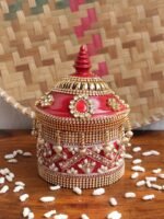 Red Crystal and beads small wooden Sindur-Box