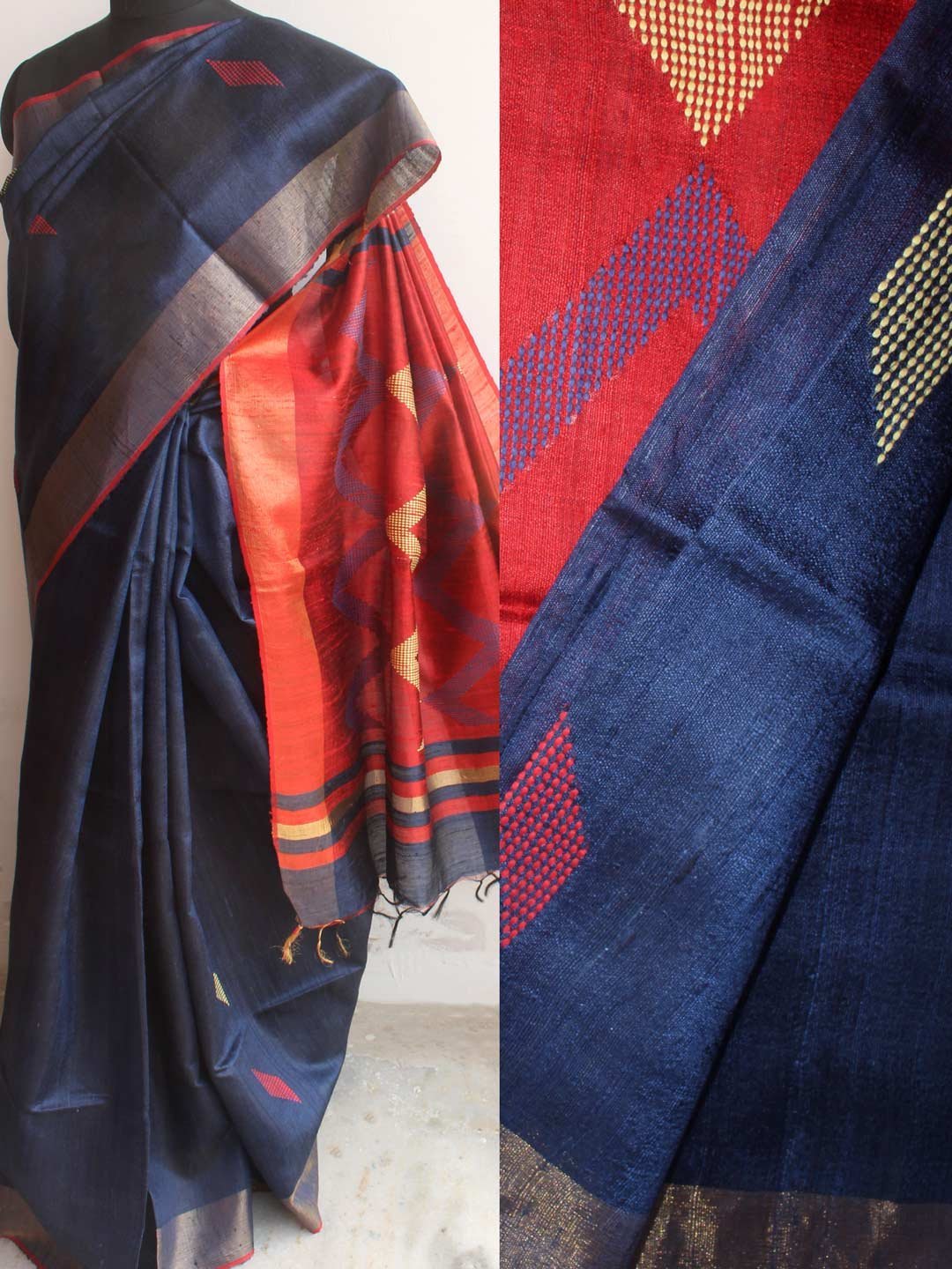 Red-and-Blue-Mulberry-Dupion-pure-Silk-Saree.jpg Red and Blue Mulberry Dupion Silk Saree - Image 1