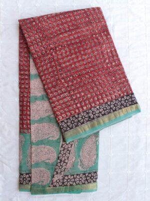 Red-and-Green-Block-printed-Kota-cotton-sari at Shilphaat