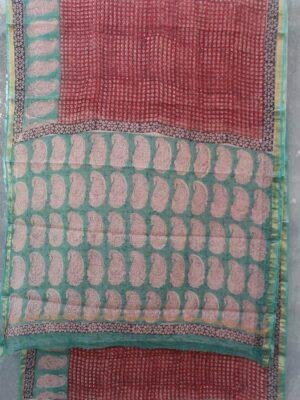 Red-and-Green-Hand-printed-Kota-doriya-saree