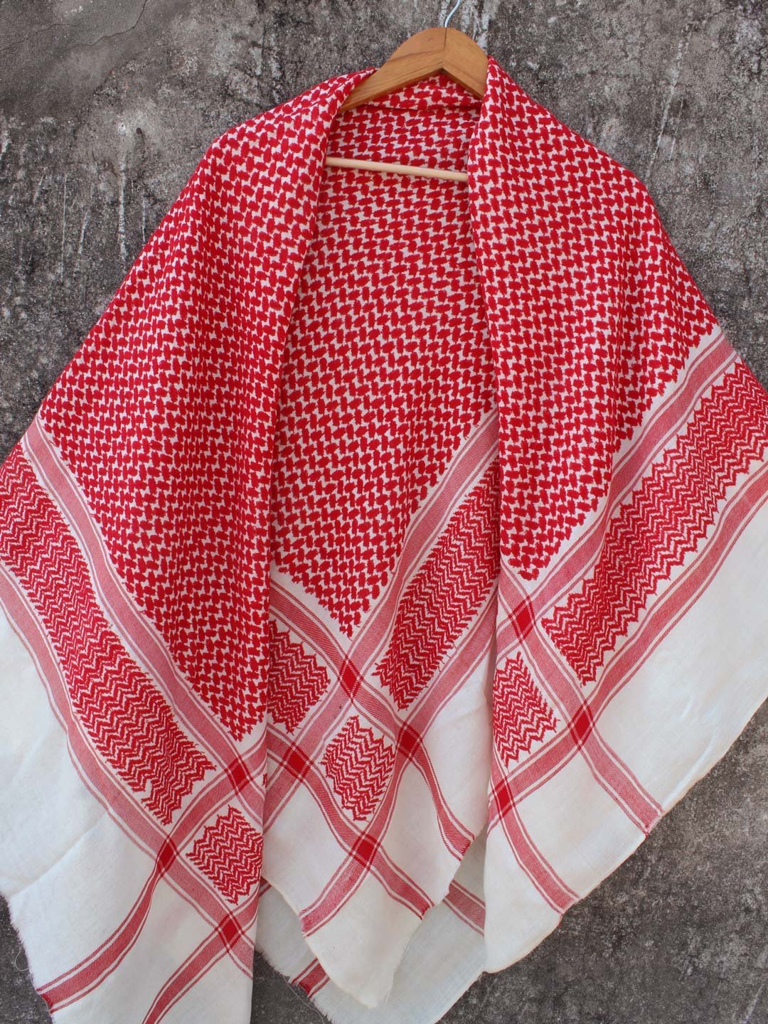 Red-and-White-woolen-shemagh-scarf.jpg Red and White Woolen Shemagh head scarf - Image 1