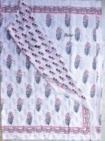 Red and Black Block-printed white mul-cotton Sari - Image 2