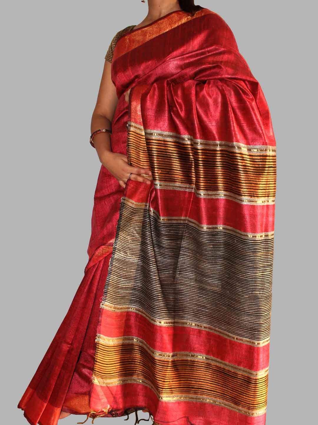 Red-and-black-bhagalpuri-dupion-silk-saree.jpg Striped Palla, Red Bhagalpuri Dupion Silk Sari - Image 1