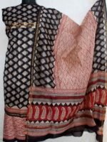 Red, Beige, Black Block-Printed Chanderi Dress-Material - Image 2