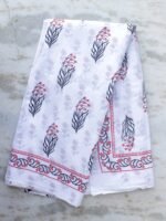 Red and Black Block-printed white mul-cotton Sari