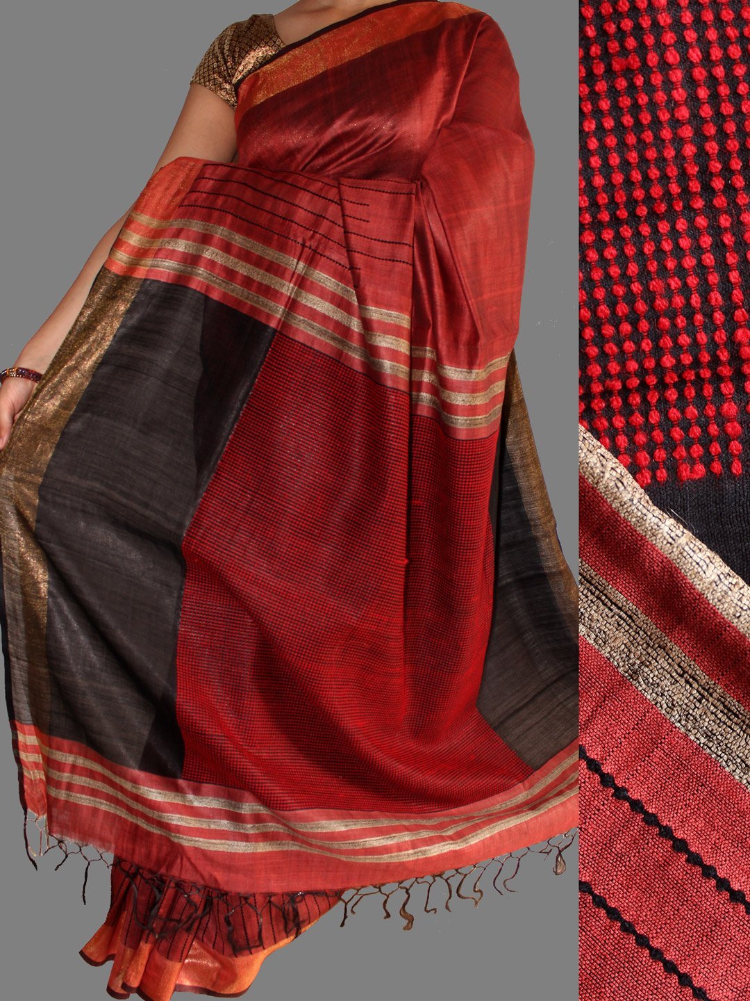 Red-and-black-silk-cotton-sari.jpg Extra weft design Red Black Silk-Cotton Sari - Image 1