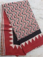 Red and Black Zig-zag Block printed Mul-cotton sari
