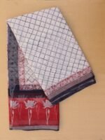 Red and Off-white Block-printed Kota-cotton saree