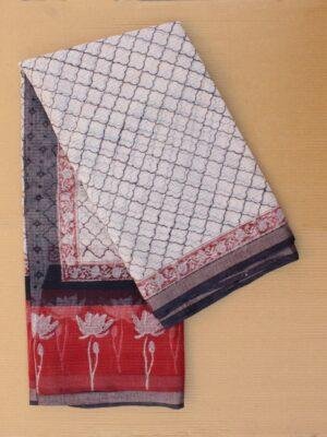Red-and-off-white-Block-printed-Kota-cotton-saree at Shilphaat.com