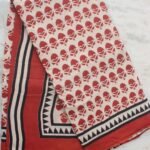 Red and Off-White Block-Printed Mul-cotton Sari