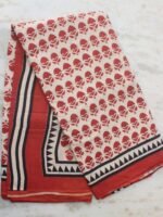 Red and Off-White Block-Printed Mul-cotton Sari