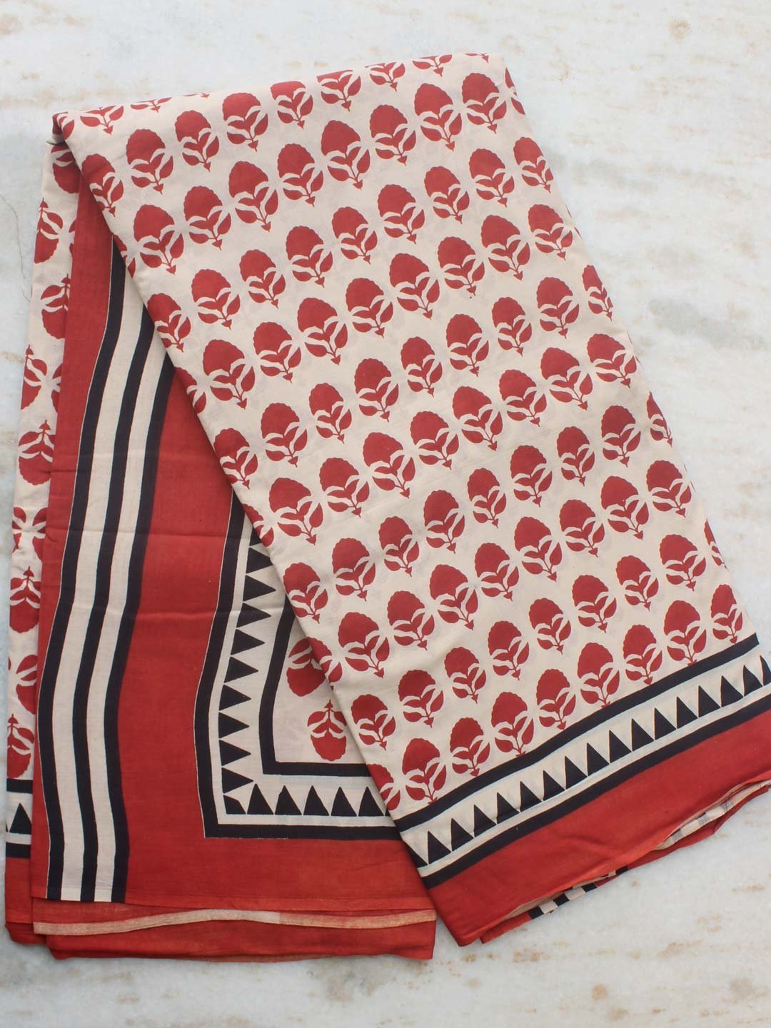 Red-and-off-white-Block-printed-mul-cotton-saree.Shilphaat.jpg Red and Off-White Block-Printed Mul-cotton Sari - Image 1