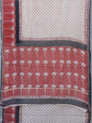 Red-and-off-white-Hand-printed-Kota-doriya-sari