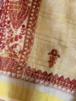 Ecru and Geru-Red Zariwork Madhubani Linen Sari - Image 2