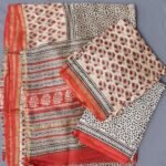 Beige and Red Block-printed Chanderi 3pc Ladies suit