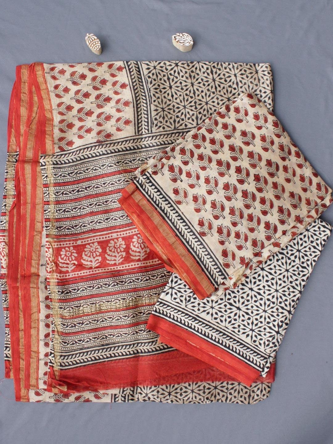 Red-black-and-beige-block-printed-chanderi-dress-material.jpg Beige and Red Block-printed Chanderi 3pc Ladies suit - Image 1