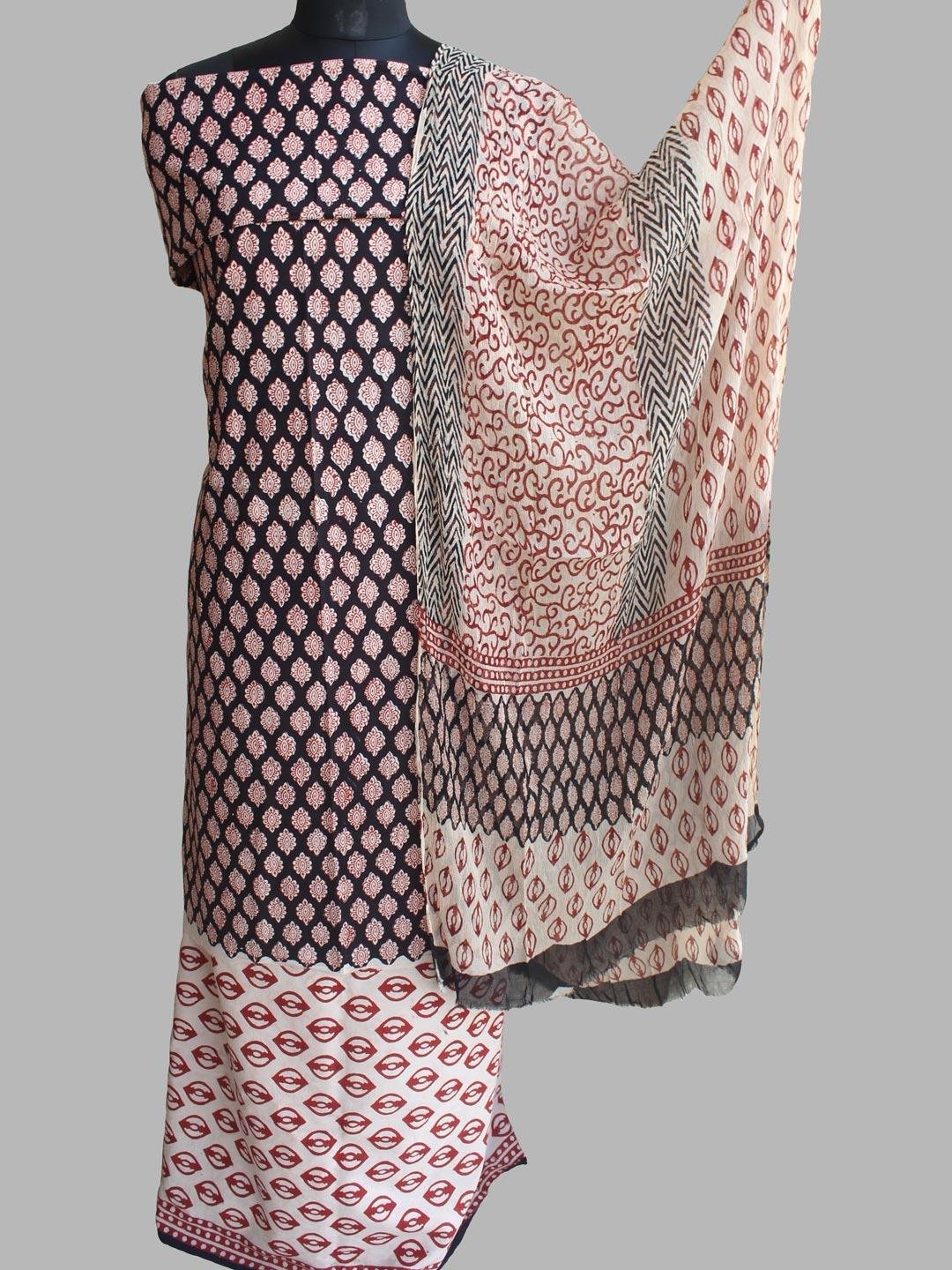 Red-black-white-block-printed-cotton-ladies-suit.jpg Black, Red, Beige Block-Printed cotton suit - Image 1
