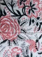 Red, Black floral Sanganeri Print White cotton Fabric - Image 2