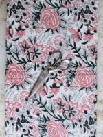Red, Black floral Sanganeri Print White cotton Fabric