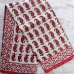 Red block-printed, off-white mul cotton Sari