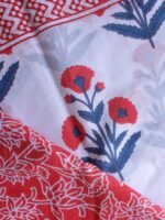 Red, Blue and white Block-printed Mul-cotton Sari - Image 2