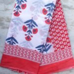 Red, Blue and white Block-printed Mul-cotton Sari