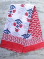 Red, Blue and white Block-printed Mul-cotton Sari