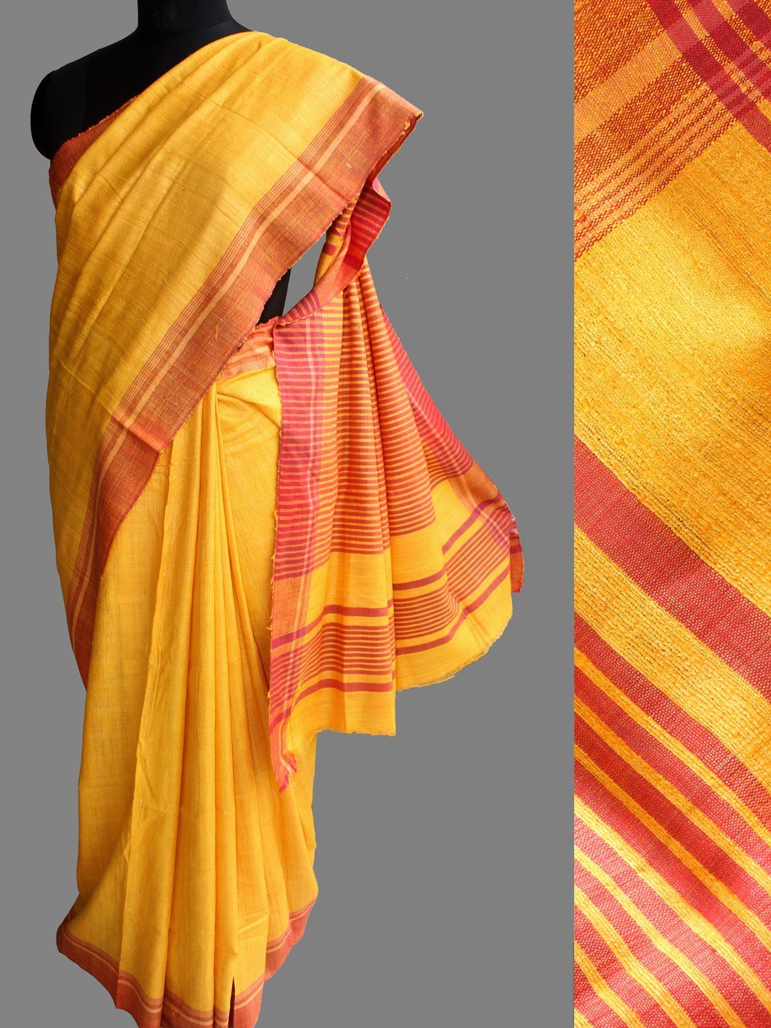 Red-border-yellow-dupion-tussar-silk-sari.jpg Red border, yellow Ghicha tussar silk sari - Image 1