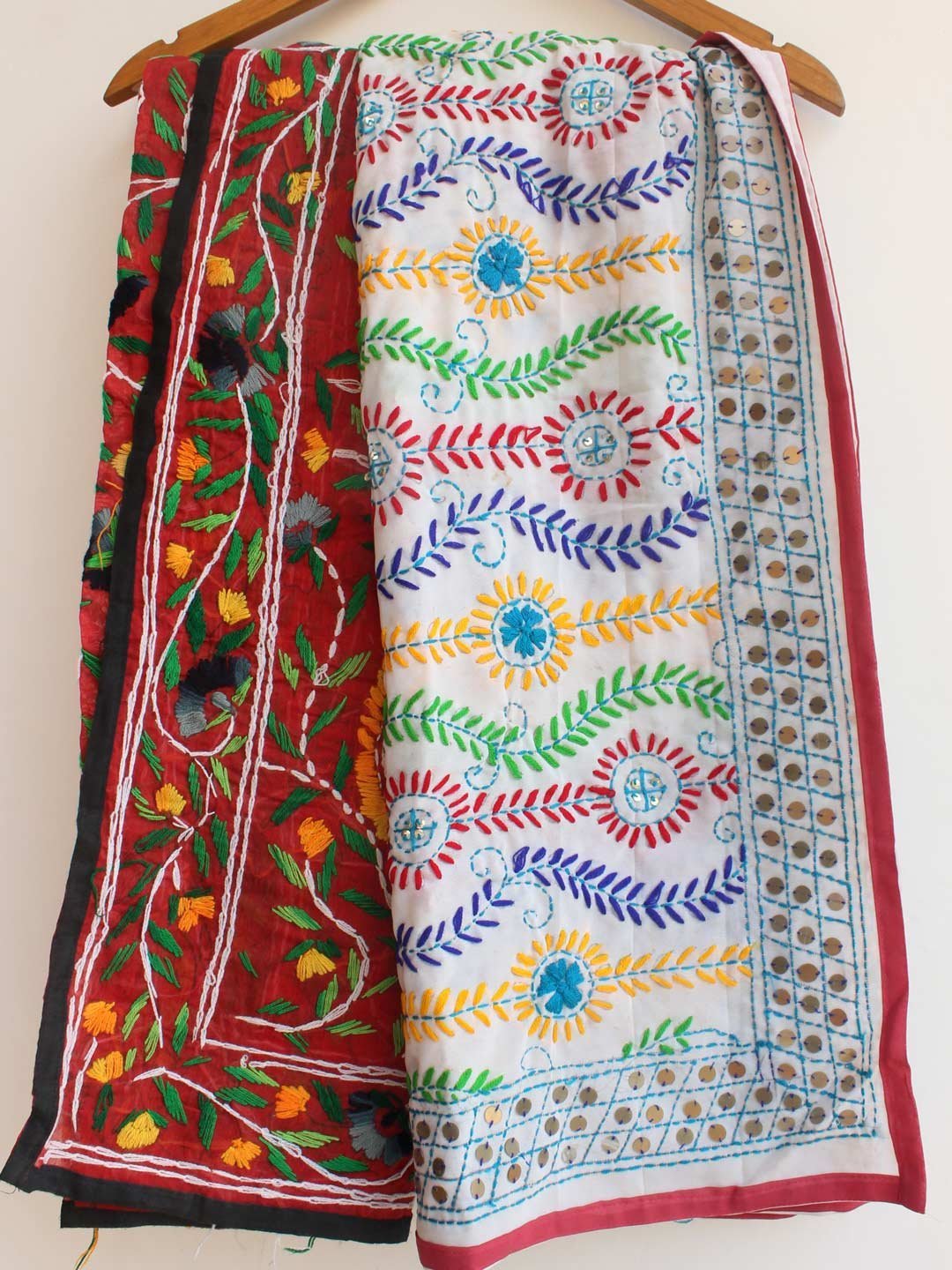 Red-chanderi-white-georgette-phulkari-dupatta.jpg Red Chanderi White Georgette Phulkari Dupatta - Image 1