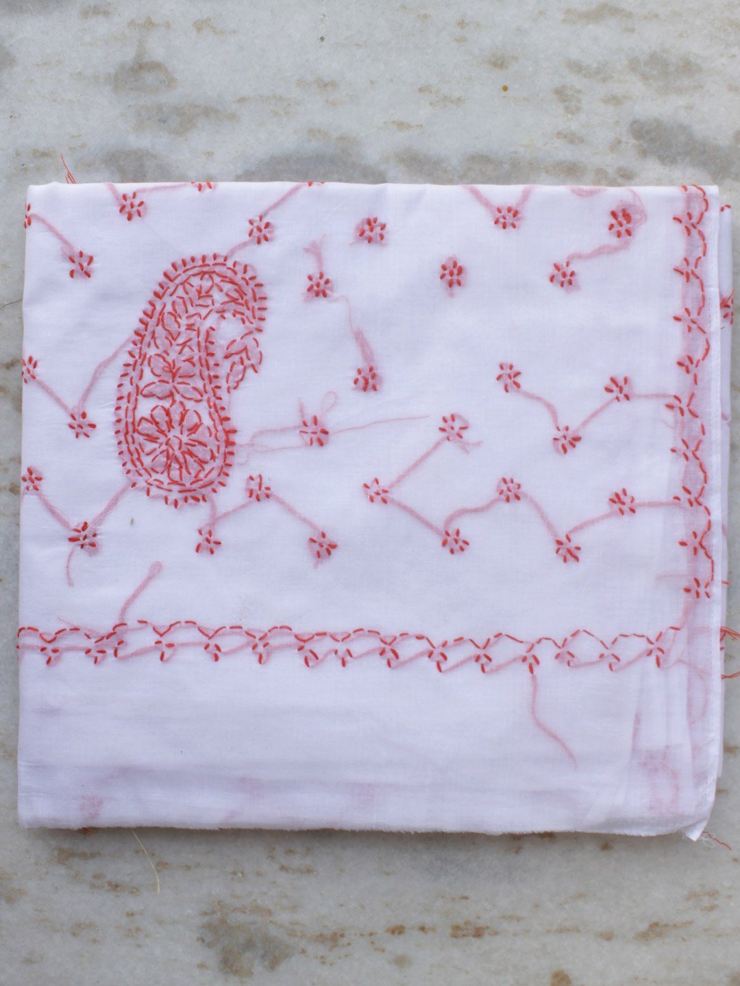 Red-chikankari-on-white-cotton-sari-.jpg Red and White Chikankari Cotton Sari - Image 1