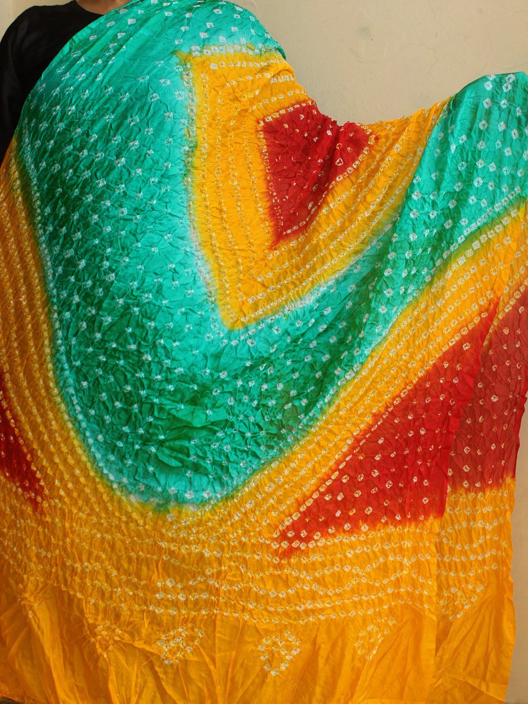 Red-geen-yellow-bandhani-dupatta.jpg Red, green, yellow Polysilk Bandhani Dupatta - Image 1
