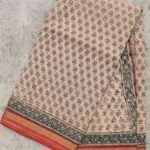Red, green Block-Printed Beige Kota cotton Saree
