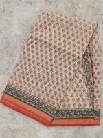 Red, green Block-Printed Beige Kota cotton Saree