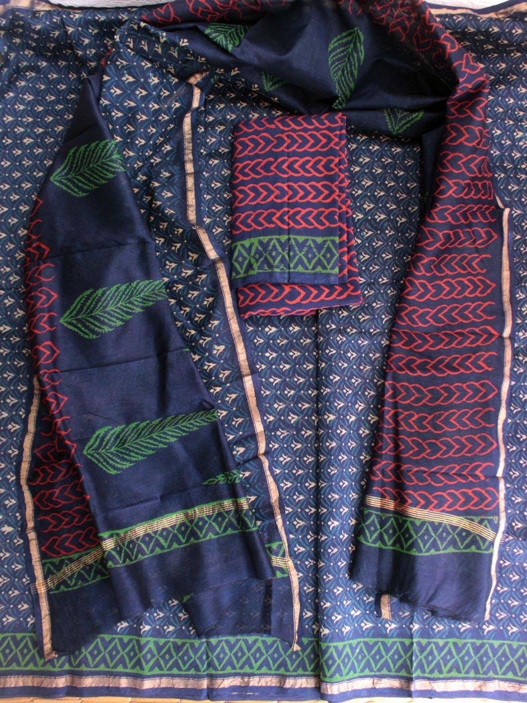 Red-green-block-printed-indigo-chanderi-ladies-suit.jpg Red, Green Block-Printed Indigo Chanderi Ladies suit - Image 1