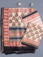 Red hearts, Block Printed Beige Chanderi Dress-Material