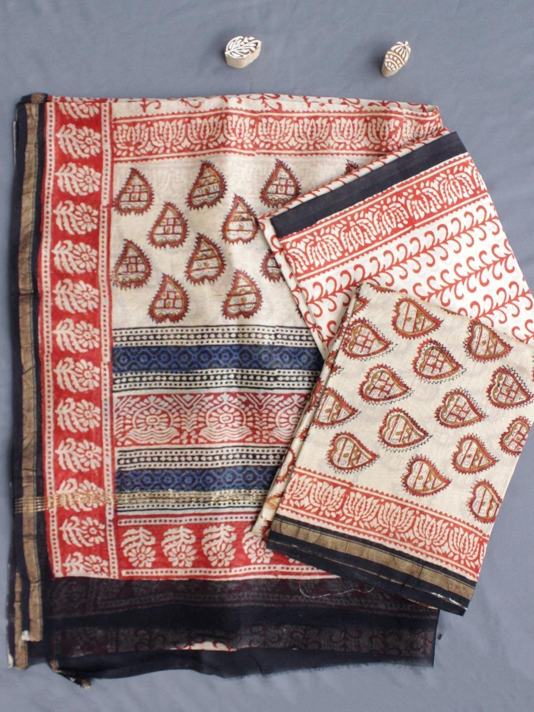 Red-hearts-block-printed-Beige-chanderi-salwar-suit.jpg Red hearts, Block Printed Beige Chanderi Dress-Material - Image 1