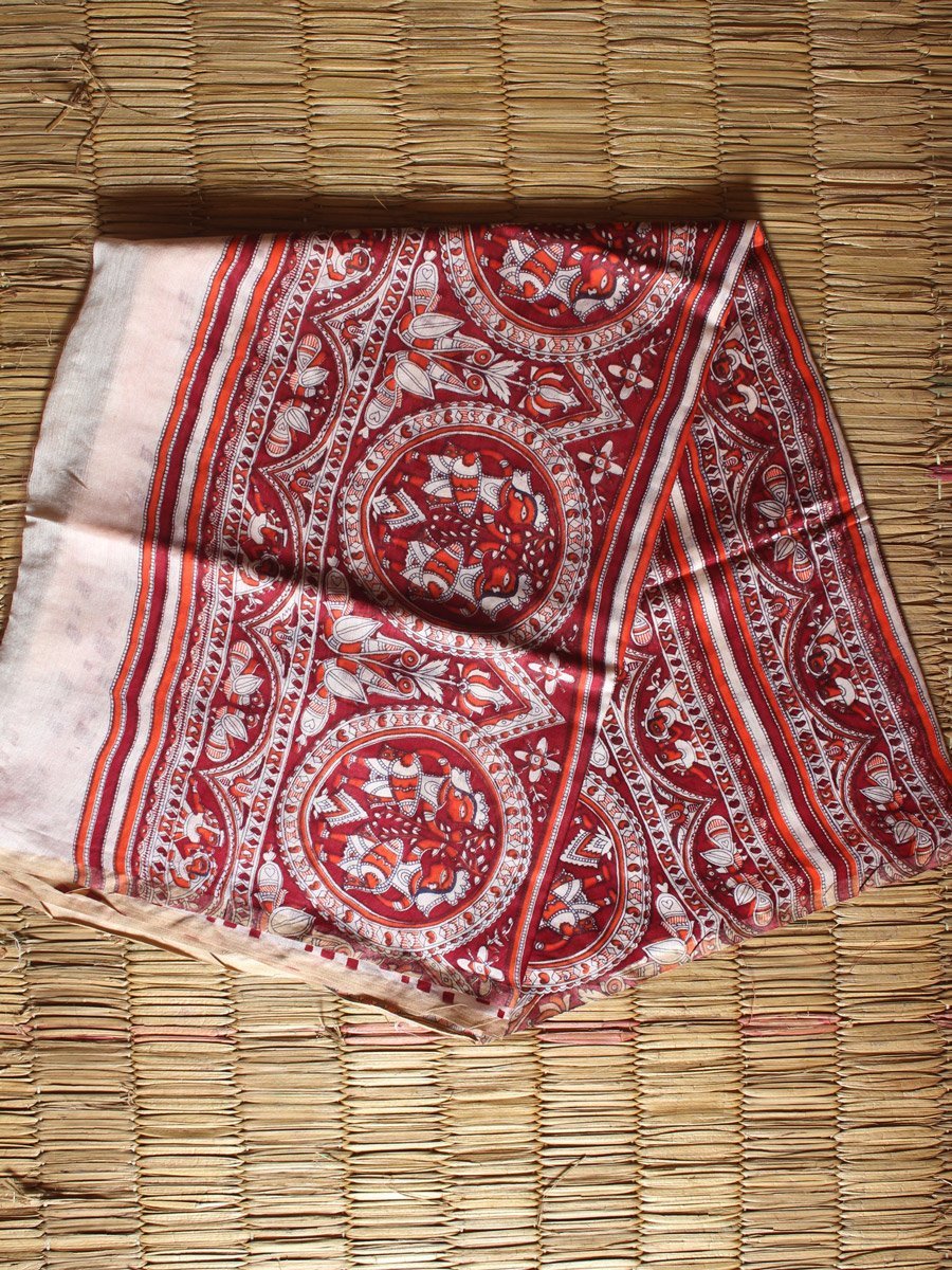 Red-madhubani-Palla-on-Ivory-Bhagalpuri-silk-saree.jpg Red Madhubani Ivory Bhagalpuri Semi-Silk Sari - Image 1