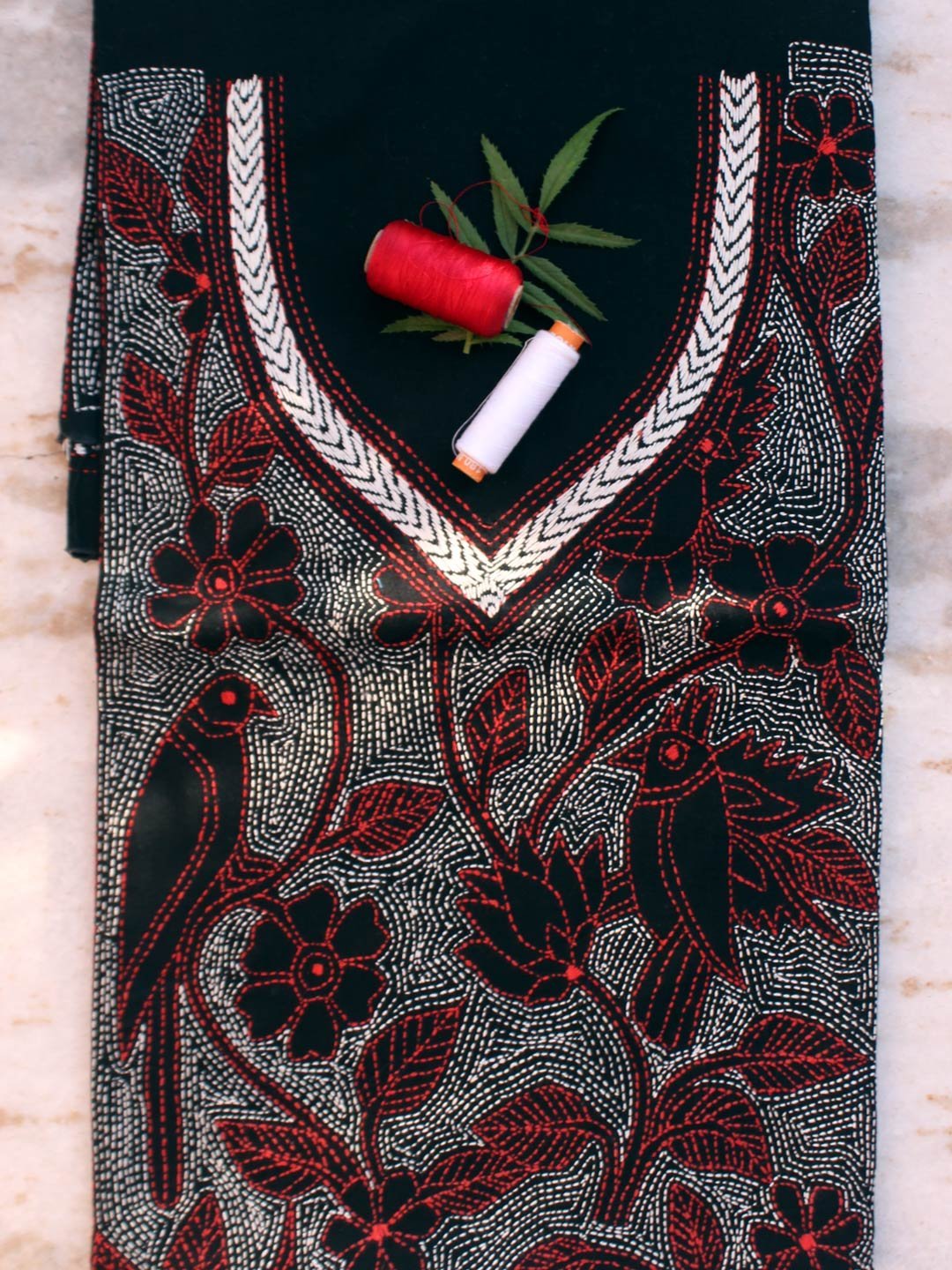 Red-white-black-kanthawork-cotton-kurta-fabric.jpg Red, white, black reverse Kantha cotton kurta fabric - Image 1