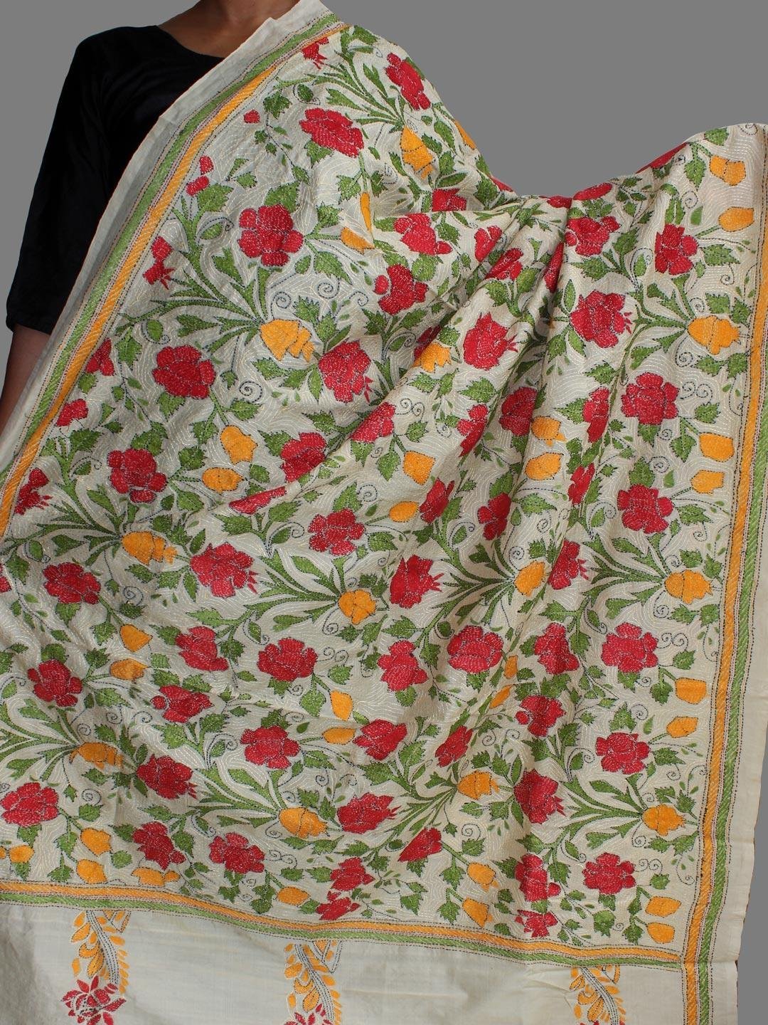 Red-yellow-roses-kanthawork-tussar-silk-dupatta-Shilphaat.jpg Red roses, kantha Embroidered Tassar Silk Dupatta - Image 1
