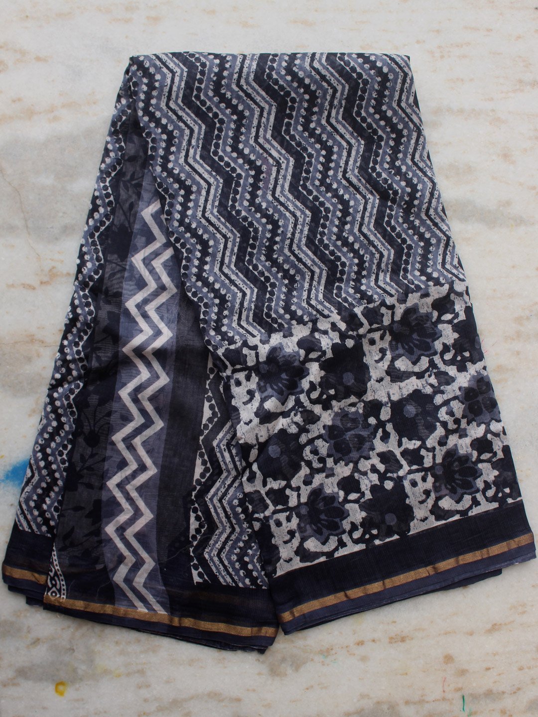 Rose-border-chanderi-indigo-sari.jpg Block-printed, Dabu-Indigo Chanderi Sari - Image 1