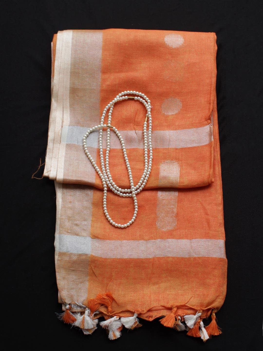 Rust-Orange-Silver-zari-pure-linen-saree.jpg Rust-Orange zari Linen Saree - Image 1