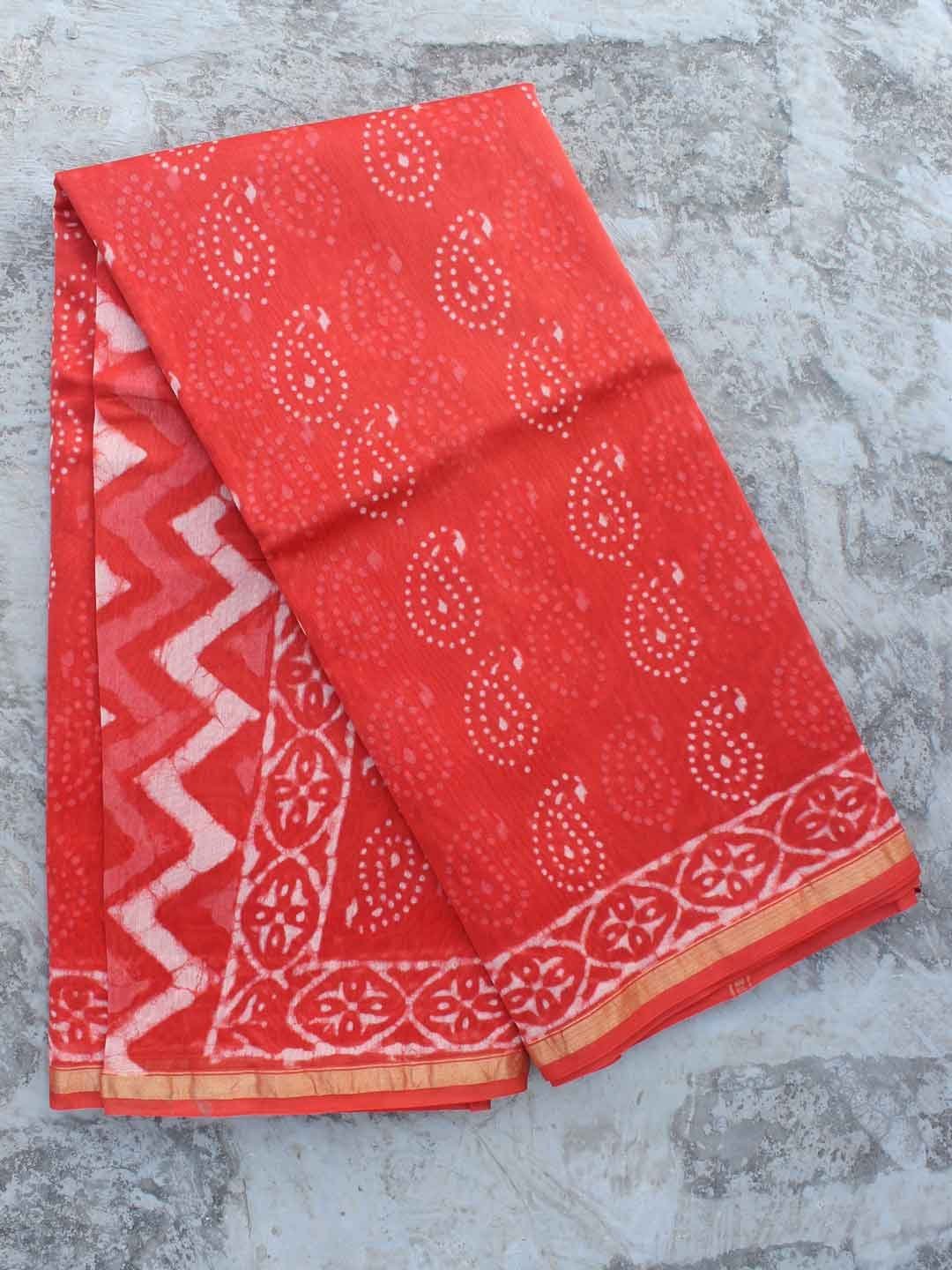 Saffron-red-block-printed-chanderi-saree.jpg Saffron-Red Block-printed Chanderi sari - Image 1