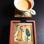 Handpainted brass lined wooden coaster set